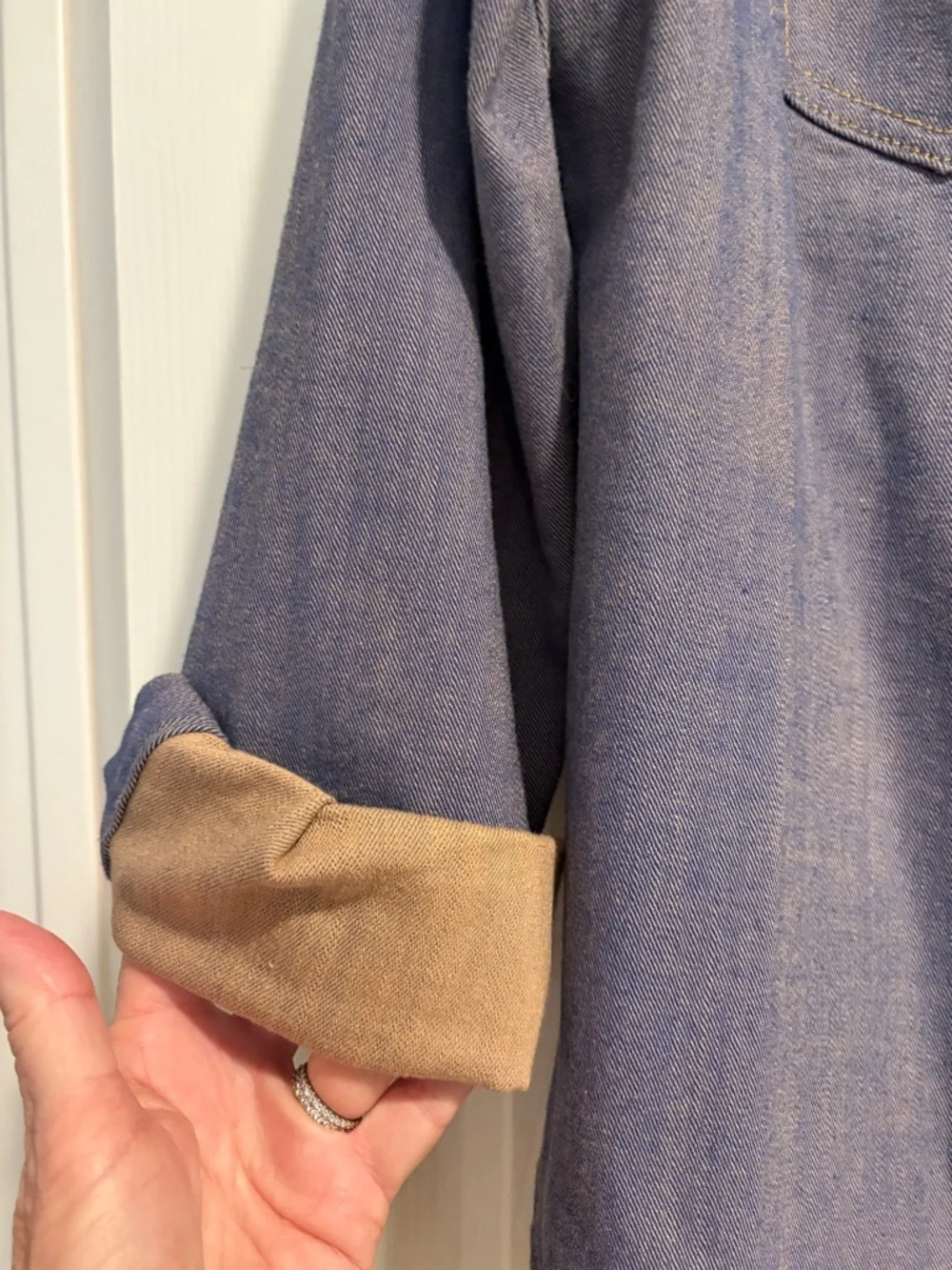 CAbi Faded Blue Jean Jacket with Tan Accents - Picture 3 of 5